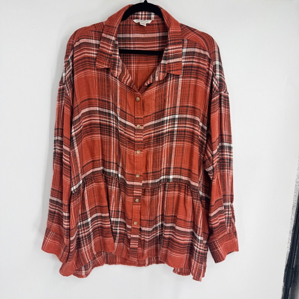 American Eagle Orange Plaid Peplum Button Down Shirt XL Oversized Babydoll Top